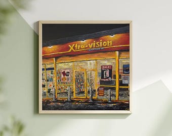 Nostalgic Xtra-vision Store Painting | 1990s Irish Video Shop Art (12x12 inch Giclée Print)