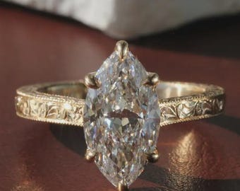 3Ct Vintage Marquise Cut Moissanite Engagement Ring 14K Gold Art Deco Inspired Solitaire, Handcrafted Wedding Proposal Ring, Gift for Her