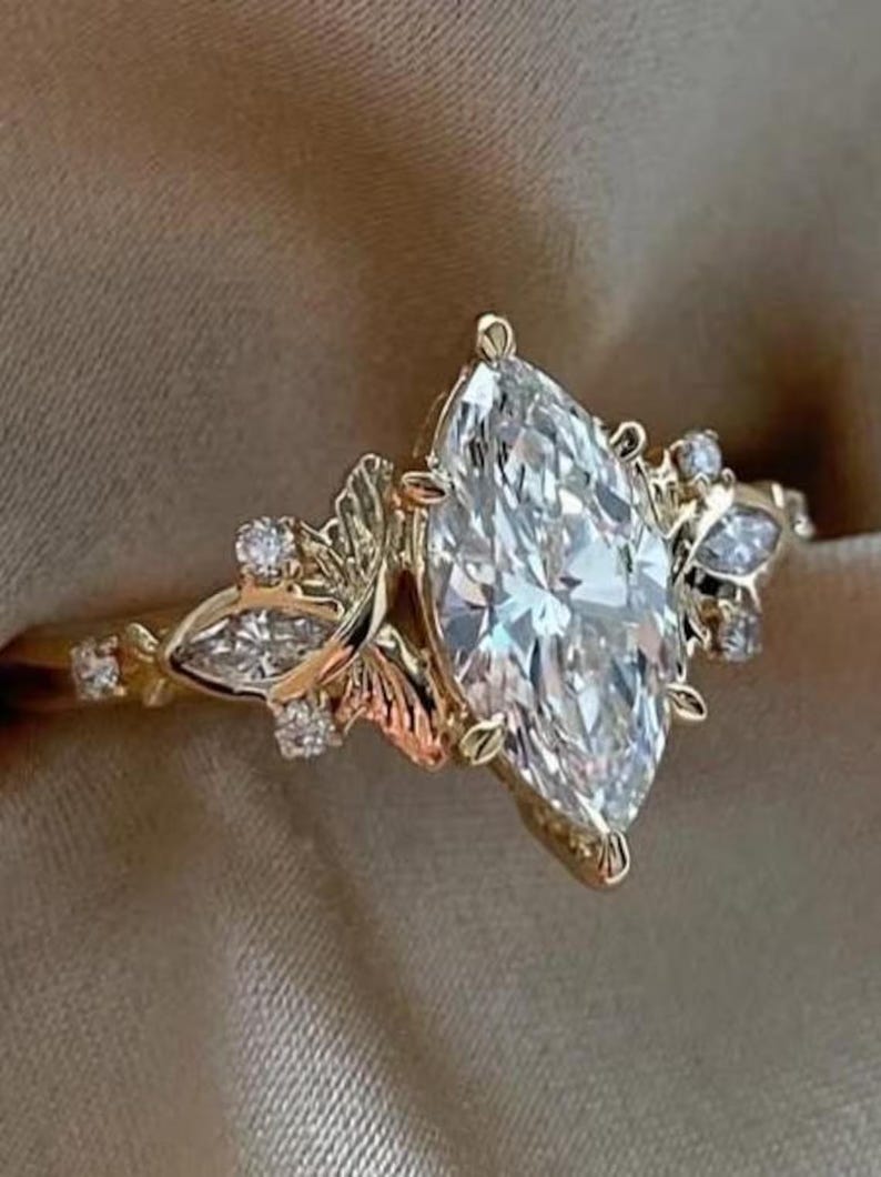 2Ct Vintage Marquise Cut Moissanite Engagement Ring 14K Gold Handmade Art Deco Wedding Proposal Ring