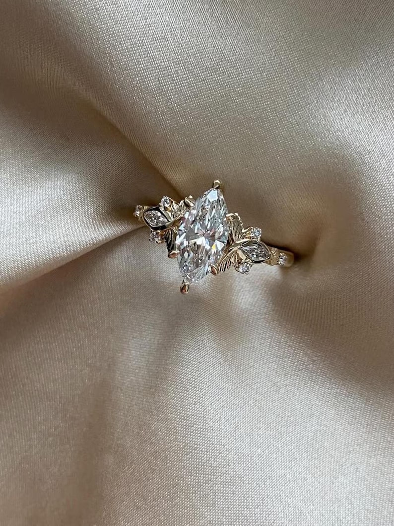 2Ct Vintage Marquise Cut Moissanite Engagement Ring 14K Gold Handmade Art Deco Wedding Proposal Ring
