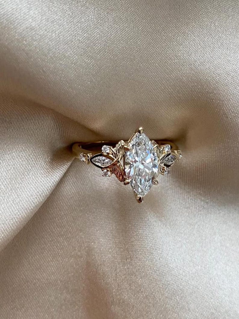 2Ct Vintage Marquise Cut Moissanite Engagement Ring 14K Gold Handmade Art Deco Wedding Proposal Ring