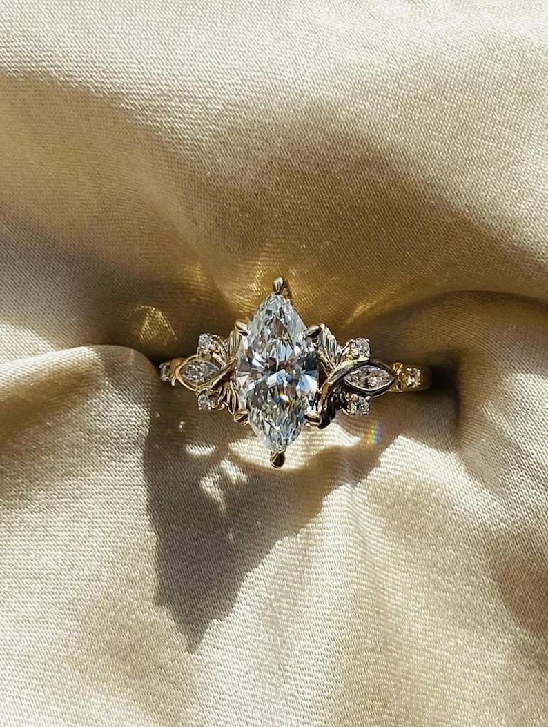 2Ct Vintage Marquise Cut Moissanite Engagement Ring 14K Gold Handmade Art Deco Wedding Proposal Ring