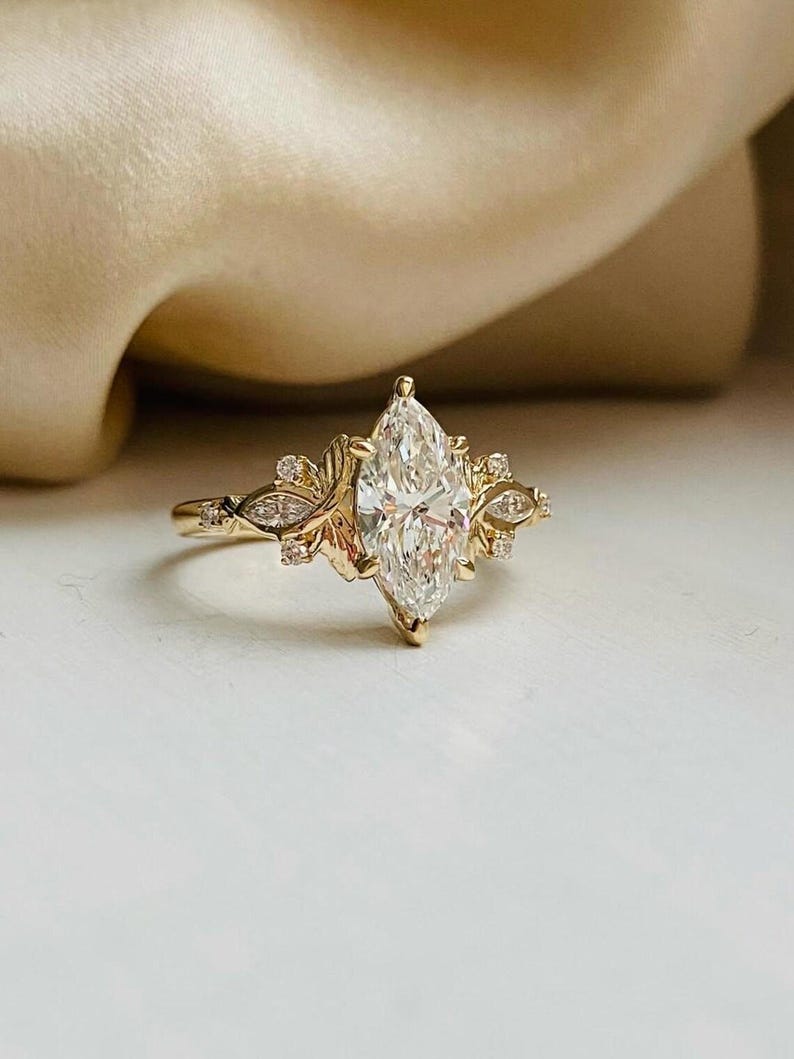 2Ct Vintage Marquise Cut Moissanite Engagement Ring 14K Gold Handmade Art Deco Wedding Proposal Ring