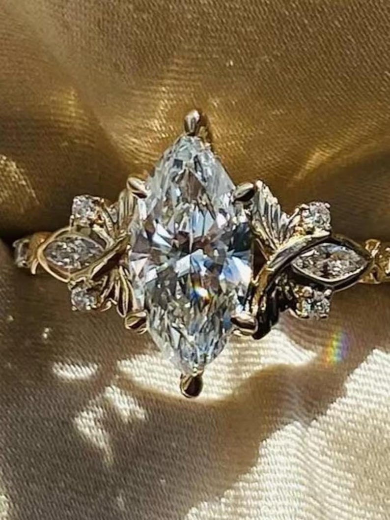 2Ct Vintage Marquise Cut Moissanite Engagement Ring 14K Gold Handmade Art Deco Wedding Proposal Ring