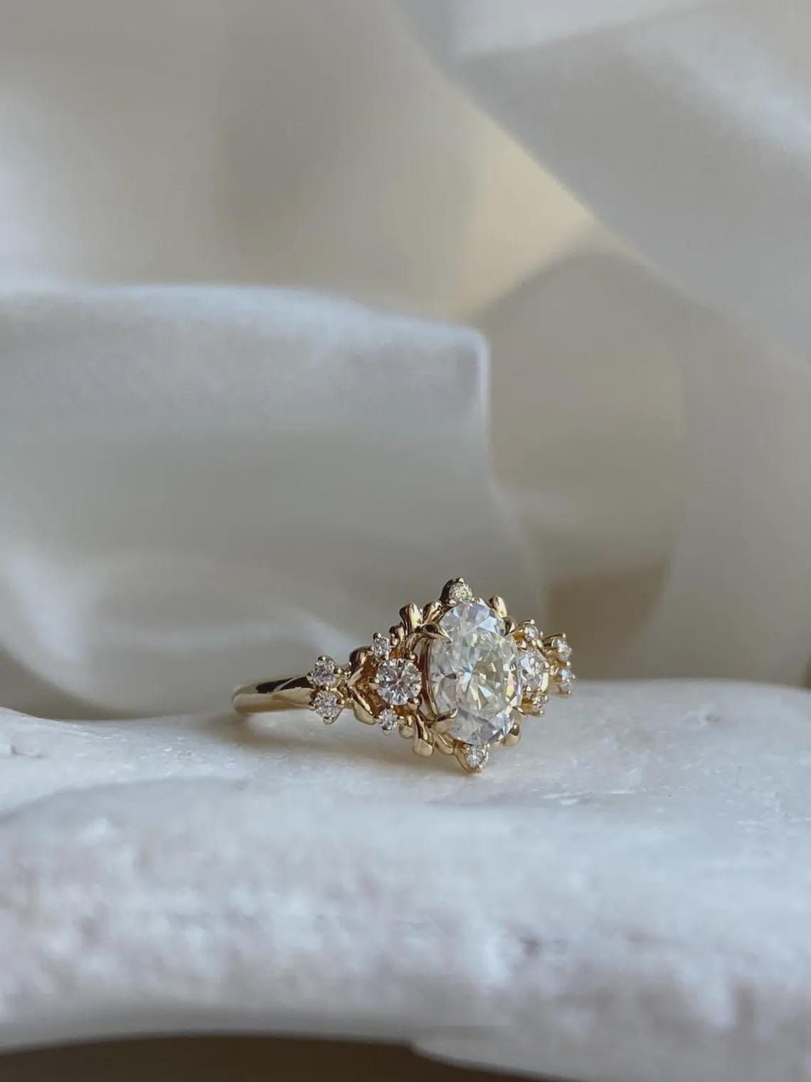 Vintage Oval Moissanite Engagement Ring 14K Gold Cluster Setting ...