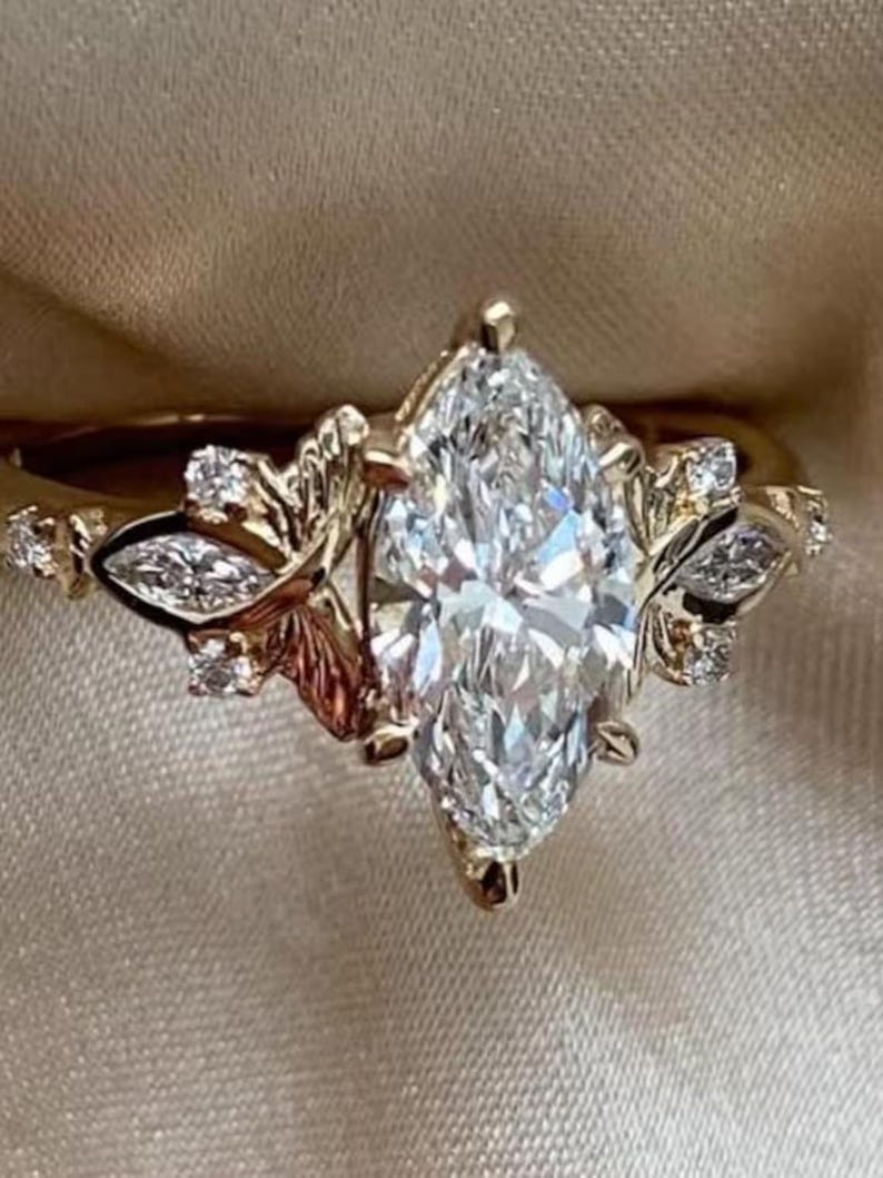 2Ct Vintage Marquise Cut Moissanite Engagement Ring 14K Gold Handmade Art Deco Wedding Proposal Ring