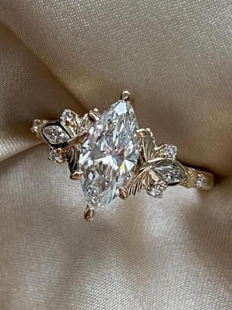 2Ct Vintage Marquise Cut Moissanite Engagement Ring 14K Gold Handmade Art Deco Wedding Proposal Ring