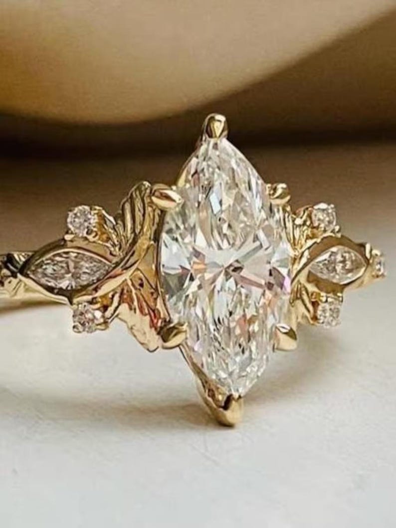 2Ct Vintage Marquise Cut Moissanite Engagement Ring 14K Gold Handmade Art Deco Wedding Proposal Ring
