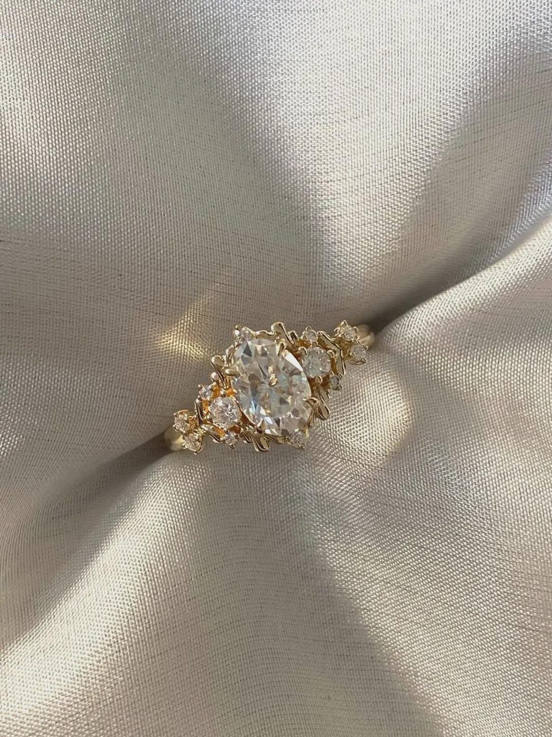 Vintage Oval Moissanite Engagement Ring 14K Gold Cluster Setting ...