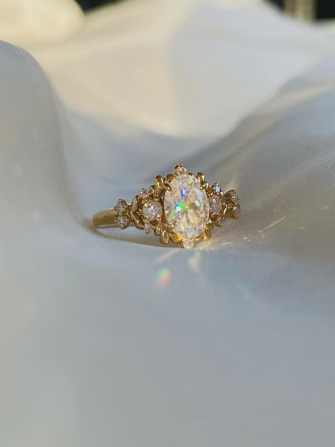 Vintage Oval Moissanite Engagement Ring 14K Gold Cluster Setting ...