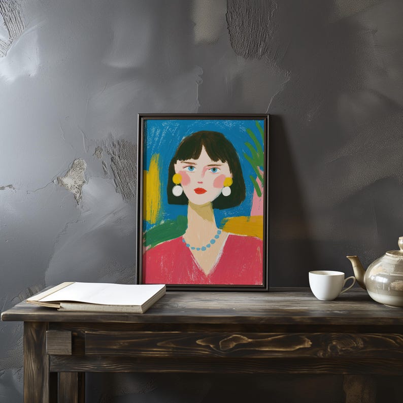 Abstract Woman Portrait Print, Bold Blue Pink Gallery Wall Art (digital ...