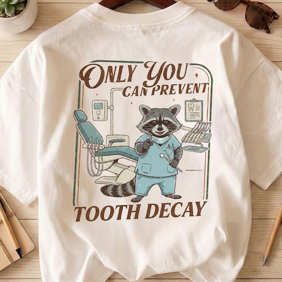 Funny Dentist PNG, Raccoon Dental Hygienist Sublimation Design, Retro Tooth Decay Shirt, Dental Assistant Gift, DTF Printing, Digital Art