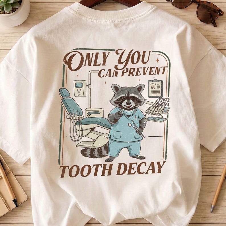 Op de afbeelding: Wit t-shirt met een cartoon wasbeer als tandarts, gekleed in blauwe kleding en met tandheelkundige instrumenten. De tekst "ONLY YOU CAN PREVENT TOOTH DECAY" staat in een bruin en groen kader.