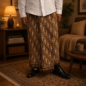 Peut inclure: Un sarong avec un motif batik marron et beige composé de rayures diagonales et de motifs verticaux répétitifs, porté avec une chemise blanche à manches longues et des bottines en cuir noir. Le tissu présente des bordures géométriques.