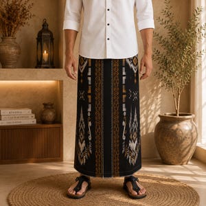 May include: A white button-down shirt with rolled sleeves paired with a black sarong featuring intricate vertical patterns in gold, white, and grey. The fabric displays geometric motifs and linear designs, worn with black open-toe sandals.