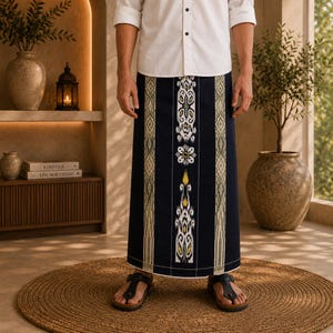 May include: A dark blue sarong featuring a central vertical panel with intricate white and yellow ikat-style patterns, flanked by lighter decorative geometric borders. The garment is worn with a white button-down shirt and black thong sandals.