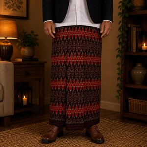 May include: A sarong featuring a repeating geometric pattern in deep red and black. The fabric is worn over a white button-down shirt and a dark blazer, paired with brown leather dress shoes, creating a formal ensemble with a distinct textile design.