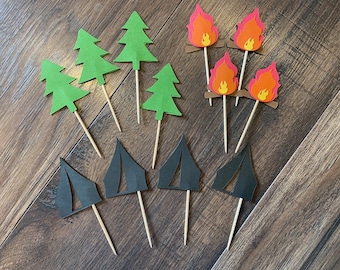 Camping Cupcake Toppers, Campfire, Tent and Tree Cupcake Toppers, Camping Birthday Cupcake Toppers, Homemade Paper Cupcake Toppers