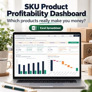 May include: A laptop displaying an SKU Product Profitability Dashboard Excel spreadsheet. The screen shows data visualizations, including a bar chart comparing net sales and contribution profit, and a waterfall chart titled Where your money goes.