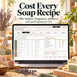 以下が含まれることがあります： Soap Recipesというタイトルのソフトウェアインターフェースを表示するノートパソコンの画面。成分ごとの詳細なコスト内訳が表示され、手作り石鹸の山、乾燥ラベンダーの小枝、オートミールに囲まれており、Cost Every Soap Recipeというテキストが記載されています。