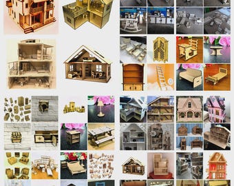 Puede incluir: Una colección de casas de muñecas de madera y muebles en miniatura. Las casas de muñecas varían en estilo, incluyendo casas de varios pisos con balcones y diseños abiertos. Los muebles incluyen camas, mesas, sillas y estanterías, todos de madera.