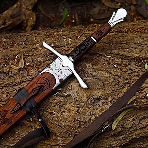 Hand-Forged Elven Longsword, Damascus Steel Blade, Carved Wooden Scabbard, Norse Knotwork, Fantasy Sword with Sheath, Collector Gift