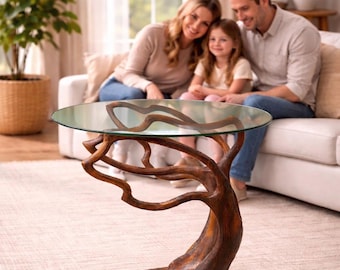 Rustic Solid Wood Side Table, Sculptural Tree Base Accent Furniture, Handmade Modern End Piece