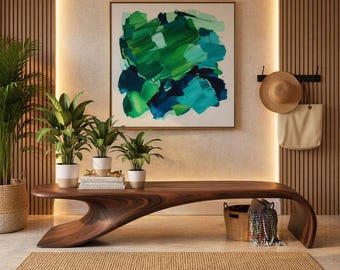 Banco escultural de madera, banco moderno curvo para recibidor, asiento auxiliar de nogal macizo.