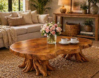 Handcrafted Solid Wood Coffee Table – Organic Root Base Rustic Living Room Table