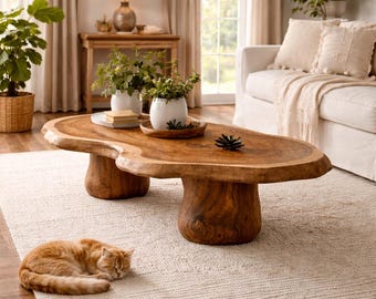Tavolino da caffè in legno massello con bordo naturale, mobile rustico per soggiorno