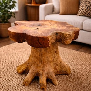 Tavolino da caffè in teak a forma di fungo, tavolino laterale rotondo in legno massello con radici rustiche.