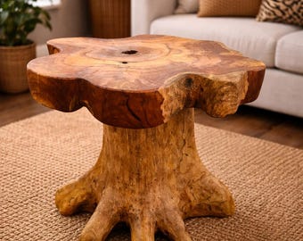 Mesa de centro de teca con forma de hongo, mesa auxiliar redonda rústica de madera maciza con forma de raíz de árbol.