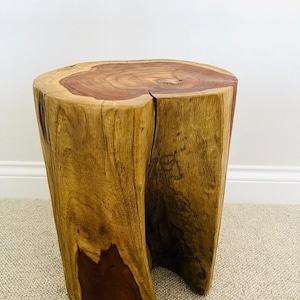 May include: A natural wood stump side table. The table is cylindrical with a flat top and a split down the side. The top is a reddish-brown color, and the sides are a lighter brown. The table is approximately 18 inches tall.