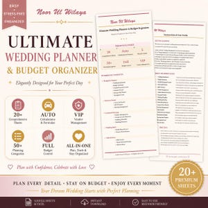 Puede incluir: Un planificador de bodas y organizador de presupuesto digital de Noor Ul Wilaya con más de 20 hojas completas, cálculos automáticos y gestión de proveedores. El diseño incluye una lista detallada de contenidos y una guía de usuario.