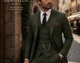 May include: An olive green three-piece suit with a white shirt and black tie. A gold chain hangs from the waistcoat. The suit features a pocket square and a watch. The text "GENTLELUX" is visible in the upper left corner.