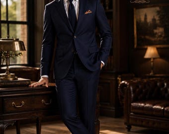Custom Tailored Navy Blue 2 Piece Suit, Slim Fit, Formal Office Wear