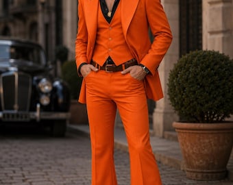 Men's Orange 3 Piece Suit | 70s Retro Flared Wedding Disco Custom Tailored