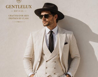 Herrkostym i linne med 3 delar, krämfärgad | Dubbelknäppt väst, vintage bröllopsoutfit med gamla pengar