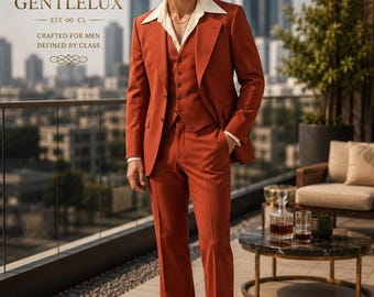 Traje de hombre color naranja quemado estilo años 70 – Traje formal vintage de tres piezas con pierna ancha