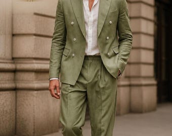 Men's Sage Green Linen Double Breasted Suit | Wedding, Summer Formal, Old Money Style