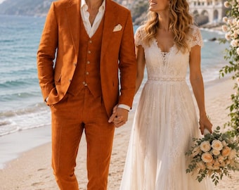 Traje de tres piezas de lino color naranja quemado para hombre / Novio de boda rústica, atuendo para boda en la playa