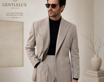 Men's Beige Linen Double Breasted Suit | Old Money Tailored Formal Wear