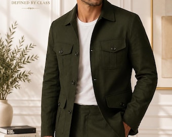 Men's Olive Green Safari Suit, Custom Tailored 2 Piece, Military Style Jacket Trousers