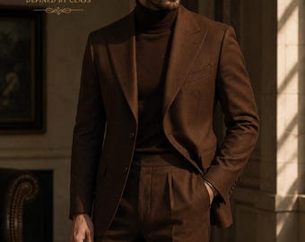 Men's Brown Wool Tweed Suit, Custom Tailored 2 Piece, Vintage Formal Attire