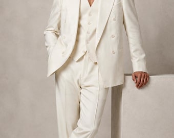 Men's Ivory Linen 3 Piece Suit | Double Breasted Wedding Attire, Old Money Style
