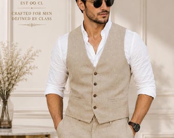Men’s Beige Linen Waistcoat Set, Custom Tailored Vest & Trousers, Summer Wedding Outfit for Men