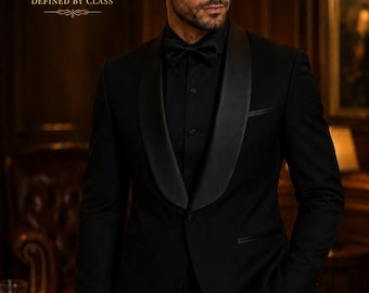 Men's Black Tuxedo Suit, Custom Tailored Shawl Lapel Formal Wear (Handmade to Order)