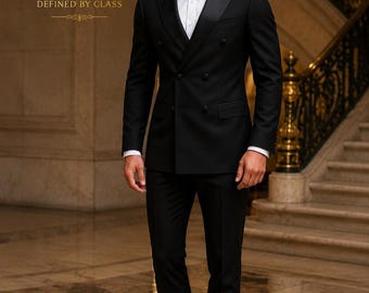 Men's Black Double Breasted Suit, Custom Tailored Slim Fit Formal Wedding