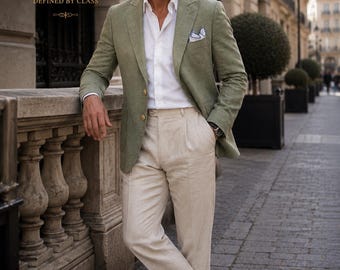 Abito da uomo in lino verde salvia / pantaloni beige, completo estivo su misura per matrimoni.