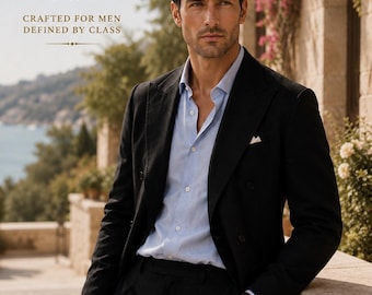 Men's Black Linen Suit, Custom Tailored 2 Piece, Old Money Style, Summer Resort Wear